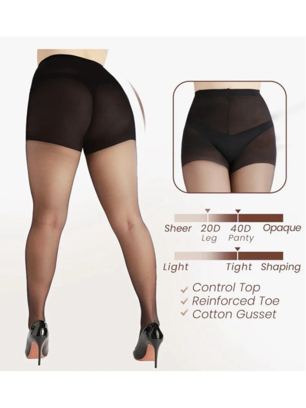 G&Y Plus Size 3XL Sheer Pantyhose Black 20D Control Top – 4 Pairs NEW